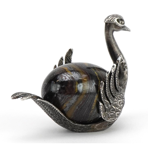 2731 - Miniature 925 silver swan with polished hardstone body, possibly agate, 5cm in length, 32.0g