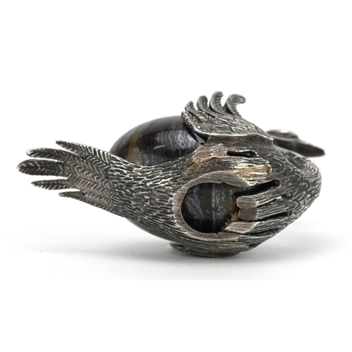 2731 - Miniature 925 silver swan with polished hardstone body, possibly agate, 5cm in length, 32.0g