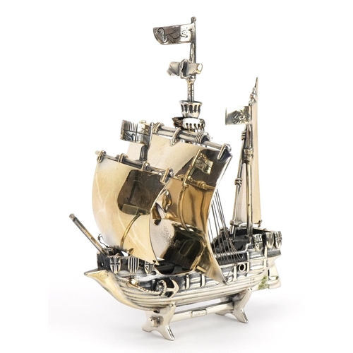 2692 - Heavy silver model of a rigged sailing ship, M N maker's mark, Birmingham 2000, 11cm high, 172.8g