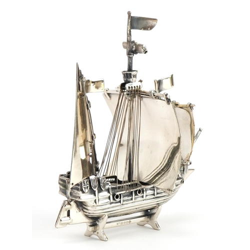 2692 - Heavy silver model of a rigged sailing ship, M N maker's mark, Birmingham 2000, 11cm high, 172.8g