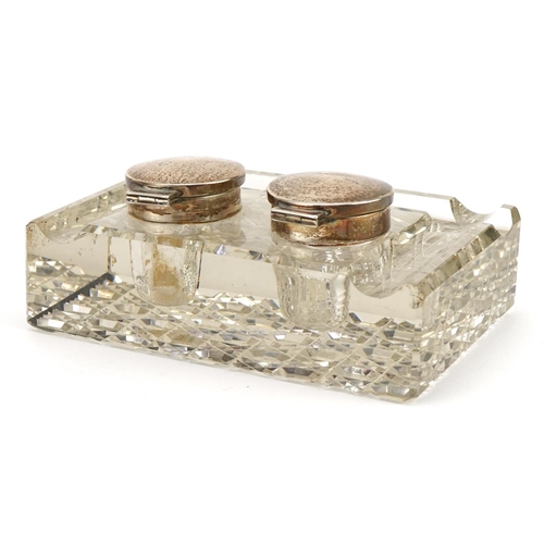 2725 - George VI rectangular cut glass desk stand with silver mounted twin inkwells by S Blanckensee & Son,... 