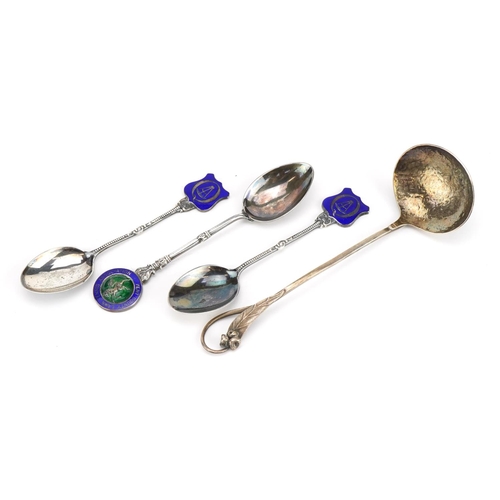 2742 - Three silver and enamel teaspoons and a naturalistic spoon impressed Sargisons STG, total weight 74.... 