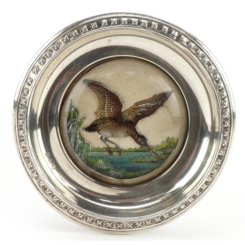 2697 - Silver Essex Crystal design pin dish decorated with a water bird in flight, Chester 1914, 8.5cm in d... 