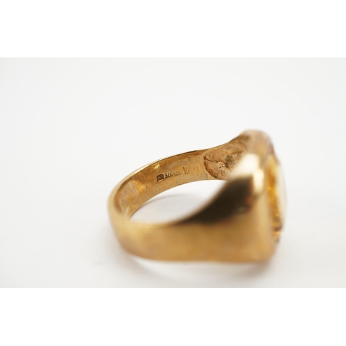 2078 - 9ct gold citrine signet ring, the citrine approximately 11.0mm x 9.5mm, size K, 6.1g