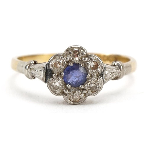 2090 - Art Deco style 18ct gold and platinum sapphire and diamond flower head ring, the sapphire approximat... 