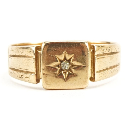 2092 - Victorian 18ct gold Gypsy ring set with a diamond, housed in a William Bruford & Son tooled leather ... 