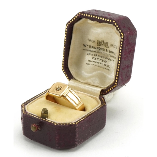 2092 - Victorian 18ct gold Gypsy ring set with a diamond, housed in a William Bruford & Son tooled leather ... 