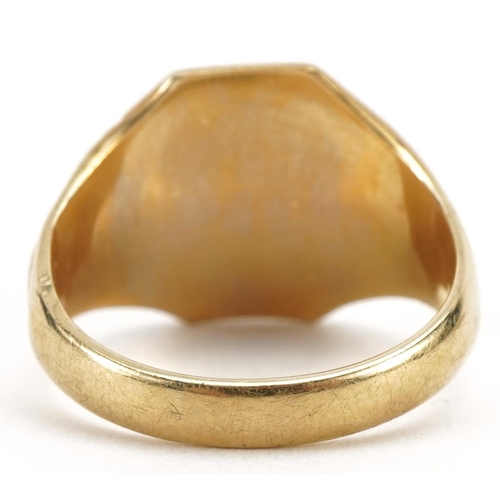 2080 - 9ct gold signet ring housed in a William Bruford & Son tooled leather box, size R, 6.7g