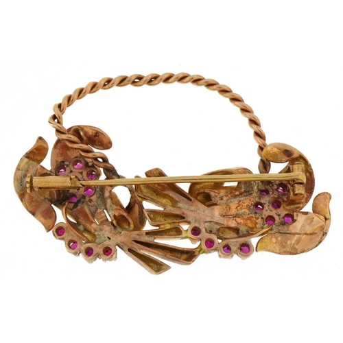 2058 - Art Deco unmarked gold ruby floral bouquet brooch, tests as 15ct gold, 5.0cm wide, 13.0g