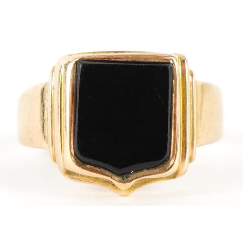 2036 - Antique unmarked gold black onyx shield signet ring, tests as 15ct gold, size P, 4.3g