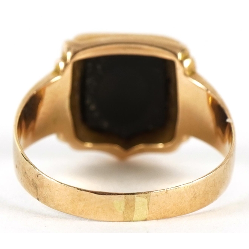 2036 - Antique unmarked gold black onyx shield signet ring, tests as 15ct gold, size P, 4.3g