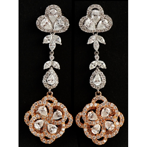 2081 - Pair of 18ct two tone gold chandelier style diamond drop earrings housed in a tooled leather box, to... 