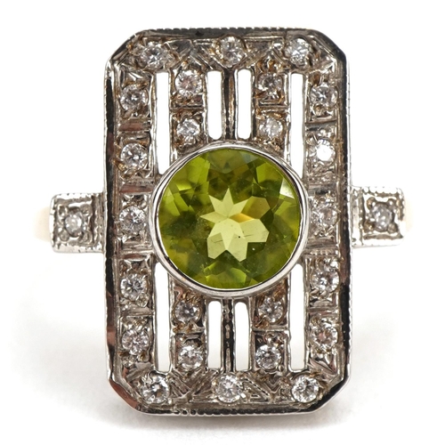 2016 - Art Deco style 9ct two tone gold peridot and diamond ring, total peridot weight approximately 0.85 c... 