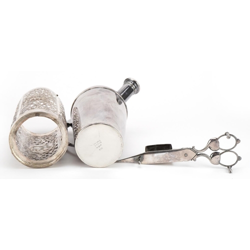 1187 - Silver plated items and an Indian white metal bottle holder including a cocktail shaker and candle s... 