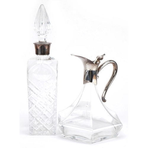 2787 - Cut glass decanter etched whisky and a claret jug both with silver plated mounts, the largest 34cm h... 