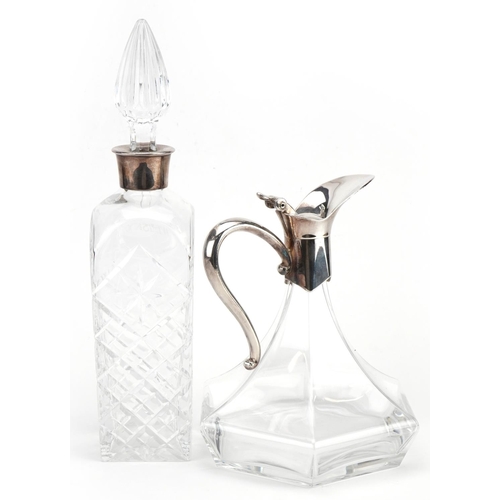 2787 - Cut glass decanter etched whisky and a claret jug both with silver plated mounts, the largest 34cm h... 