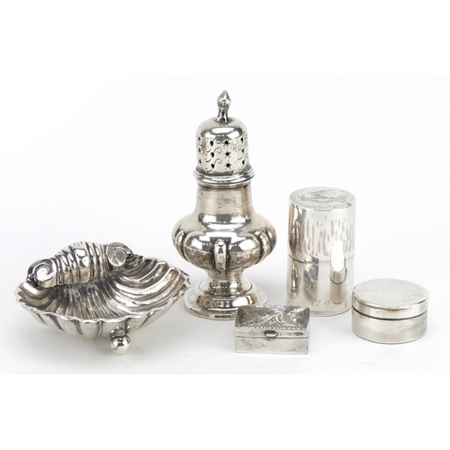 2744 - Victorian and later silver objects including a miniature baluster shaped caster, pillboxes and shell... 