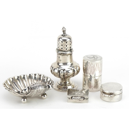 2744 - Victorian and later silver objects including a miniature baluster shaped caster, pillboxes and shell... 