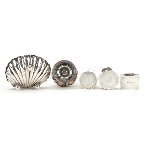 2744 - Victorian and later silver objects including a miniature baluster shaped caster, pillboxes and shell... 