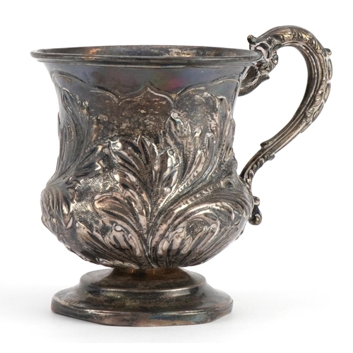 2669 - Mary Ann & Charles Reily, George IV silver christening tankard embossed with foliage, London 1828, 9... 