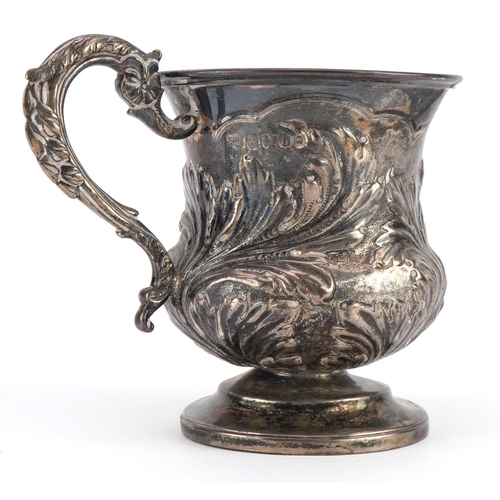 2669 - Mary Ann & Charles Reily, George IV silver christening tankard embossed with foliage, London 1828, 9... 