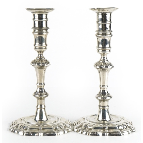 2662 - Thomas Walker, pair of 18th century Irish cast silver candlesticks, incomplete hallmarks, 21cm high,... 