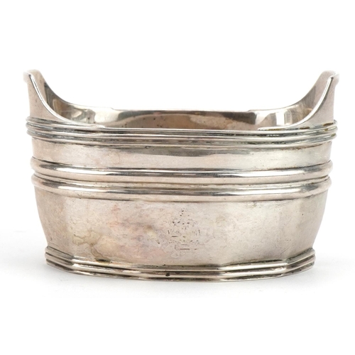 2678 - George III silver table salt with twin handles, indistinct maker's mark, possibly T. F, London 1804,... 