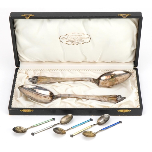 2727 - Pair of Dutch silver tablespoons housed in a Brd W & Sorensen case and a set of five Norwegian silve... 