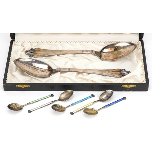 2727 - Pair of Dutch silver tablespoons housed in a Brd W & Sorensen case and a set of five Norwegian silve... 