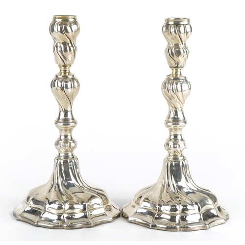 2677 - Pair of German 835 grade silver candlesticks, 23cm high, 956.0g