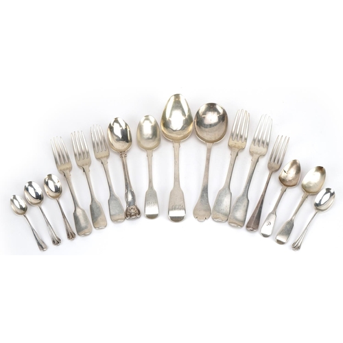 2761 - Georgian and later silver tablespoons, teaspoons and forks, various hallmarks, the largest 21.5cm in... 