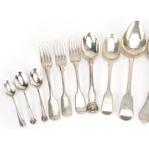 2761 - Georgian and later silver tablespoons, teaspoons and forks, various hallmarks, the largest 21.5cm in... 