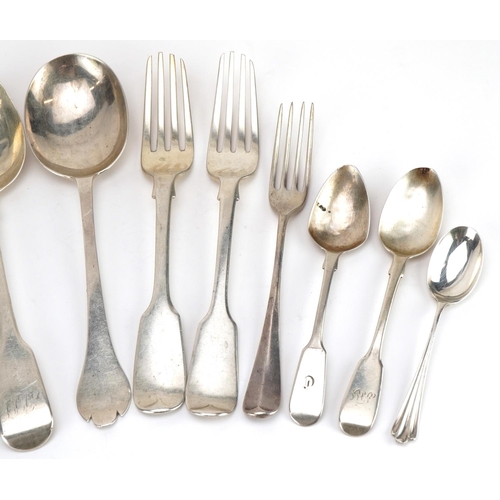 2761 - Georgian and later silver tablespoons, teaspoons and forks, various hallmarks, the largest 21.5cm in... 