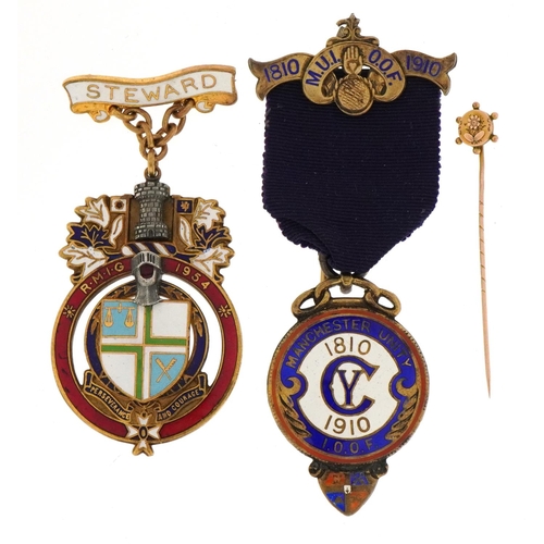 594 - Silver enamelled masonic interest Manchester Unity jewel, enamelled masonic jewel and a 9ct gold sti... 