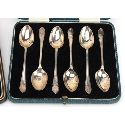 2762 - Two sets of six silver teaspoons housed in velvet and silk lined fitted cases including J Purser & S... 