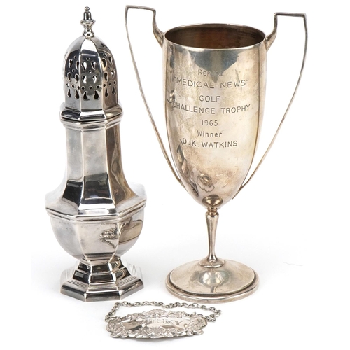 2763 - Vintage and later silver objects comprising whisky decanter label, baluster shaped caster and trophy... 