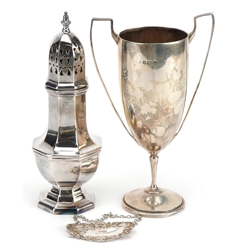 2763 - Vintage and later silver objects comprising whisky decanter label, baluster shaped caster and trophy... 