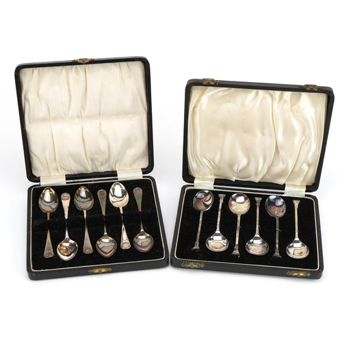 2724 - Two cased sets of six silver teaspoons, the largest each 10.5cm in length, total 109.2g