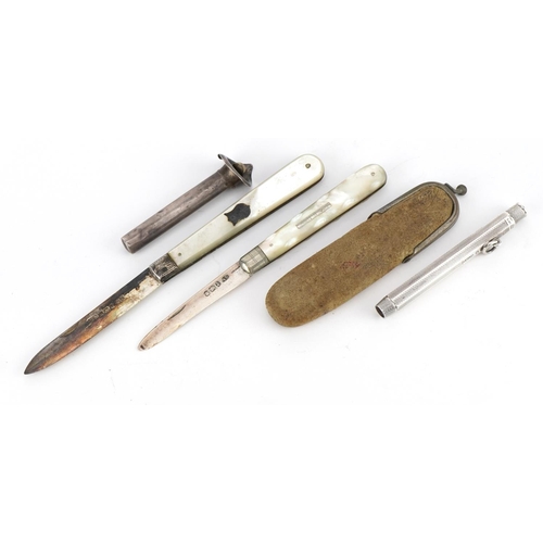 2755 - Antique and later silver objects comprising two folding fruit knives with mother of pearl handles, S... 