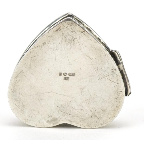 2750 - Silver love heart pillbox with engraved decoration, Birmingham import marks, 3.0cm high, 9.1g