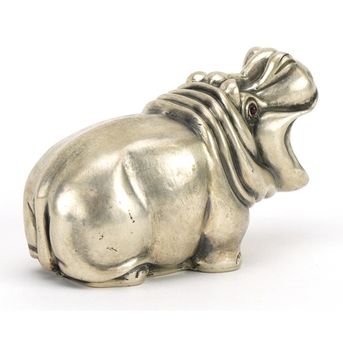 2753 - Silver hippopotamus with ruby eyes, impressed Russian marks, 7cm in length, 72.3g