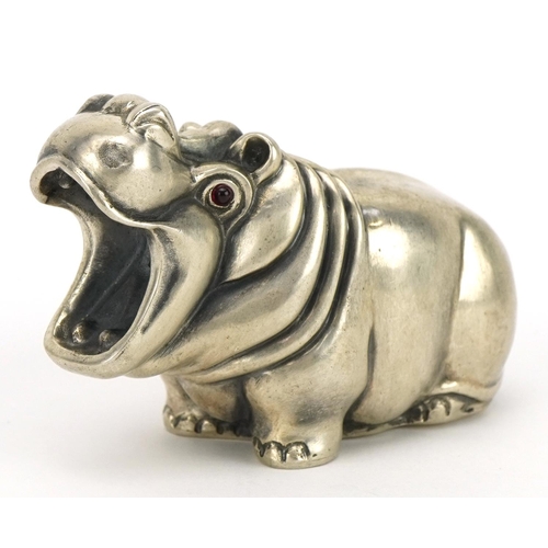 2753 - Silver hippopotamus with ruby eyes, impressed Russian marks, 7cm in length, 72.3g