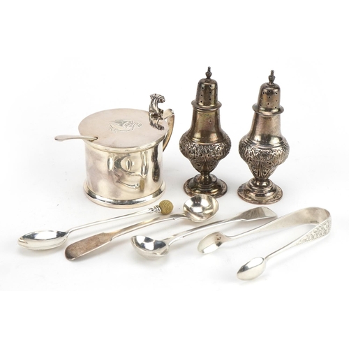 2758 - Victorian and later silver objects including a pair of Victorian baluster shaped casters, engraved s... 