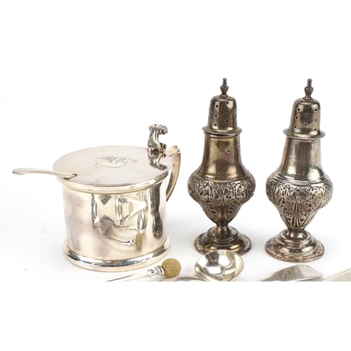 2758 - Victorian and later silver objects including a pair of Victorian baluster shaped casters, engraved s... 