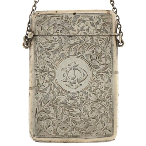 2693 - Lucas & Co, Victorian silver chatelaine card case with engraved decoration, Birmingham 1899, 9cm x 6... 