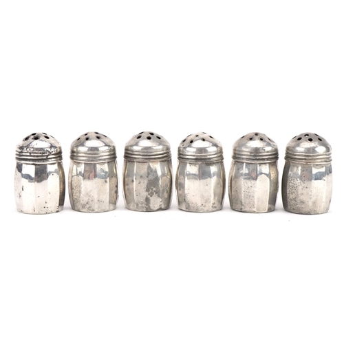 2728 - Set of six sterling silver pepperettes by S. C. S. Co, housed in a case, each 3.4cm high, 16.7g