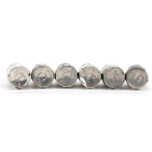 2728 - Set of six sterling silver pepperettes by S. C. S. Co, housed in a case, each 3.4cm high, 16.7g