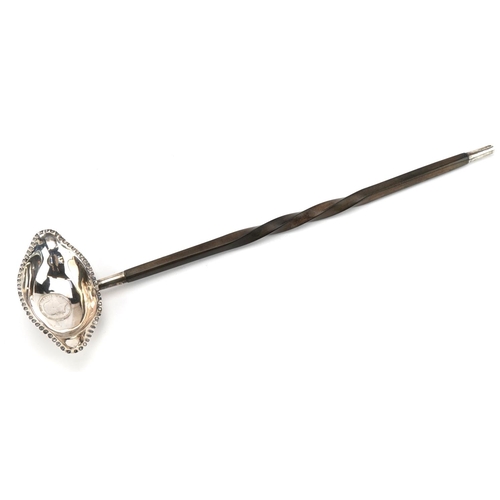 2726 - George III silver ladle inset with a George III 1813 bank token and having twisted horn handle, 32.5... 