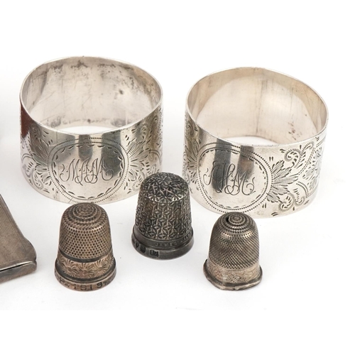 2782 - Antique and later silver objects comprising two napkin rings with engraved floral decoration, three ... 