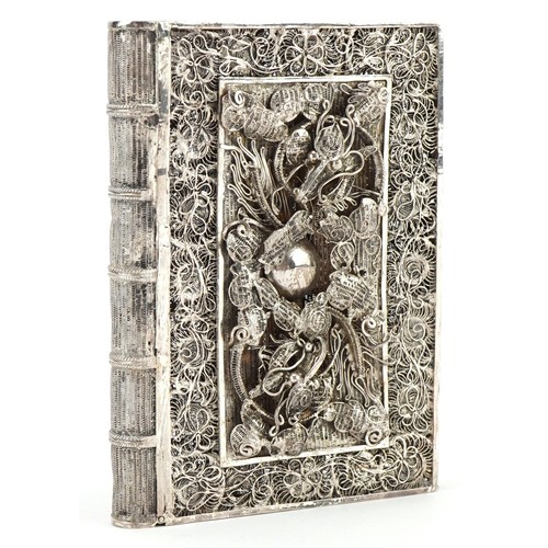 2689 - Chinese unmarked silver filigree card case in the form of a book, 8.0cm high, 47.0g